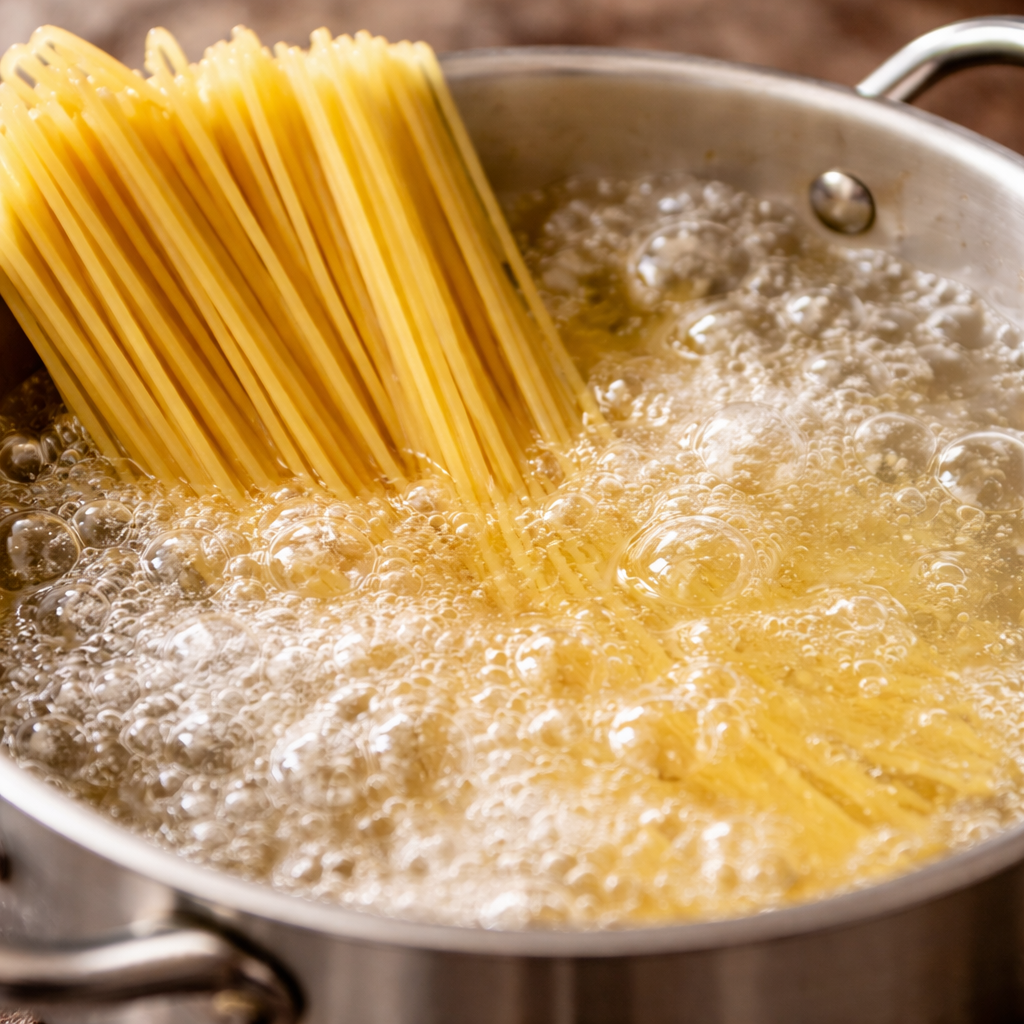 Fresh spaghetti being cooked in boiling water