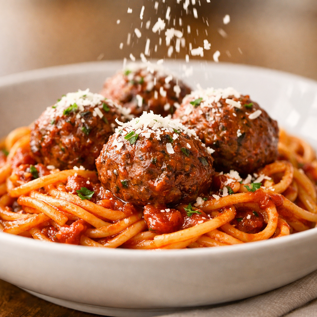 Fresh spaghetti and meatballs with parmesan