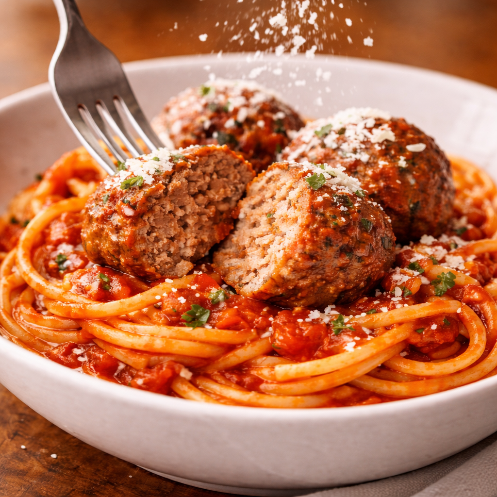 Fork lifting spaghetti and meatball